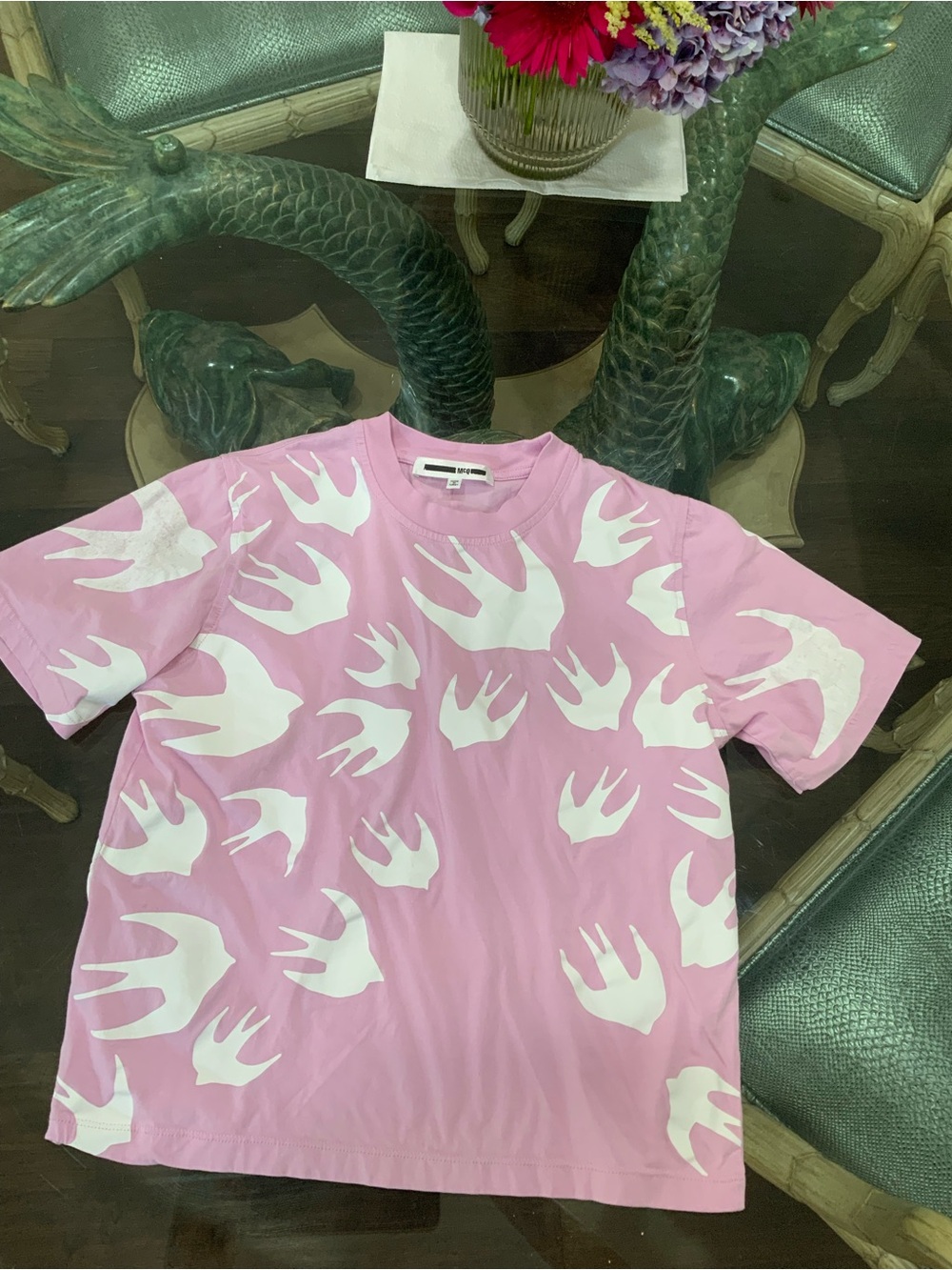 McQ by Alexander McQueen Pink Tee with White Swallow Print